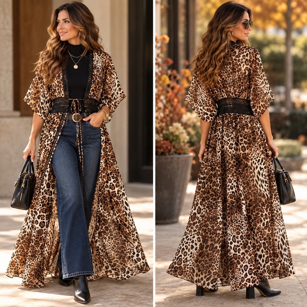 Aakaa Leopard Maxi Kimono S Black Lace Tie Front Duster Robe Animal Print